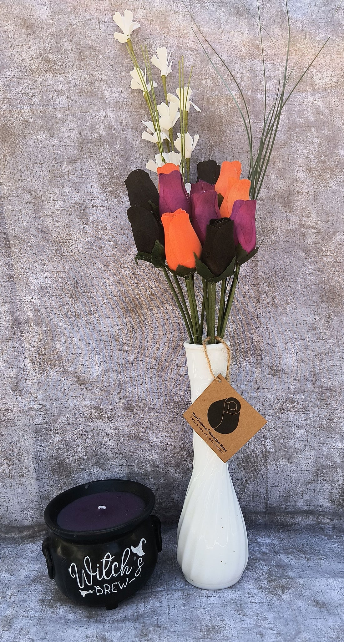 Black, Orange, and Violet Halloween Wooden Rose Flower Bouquet
