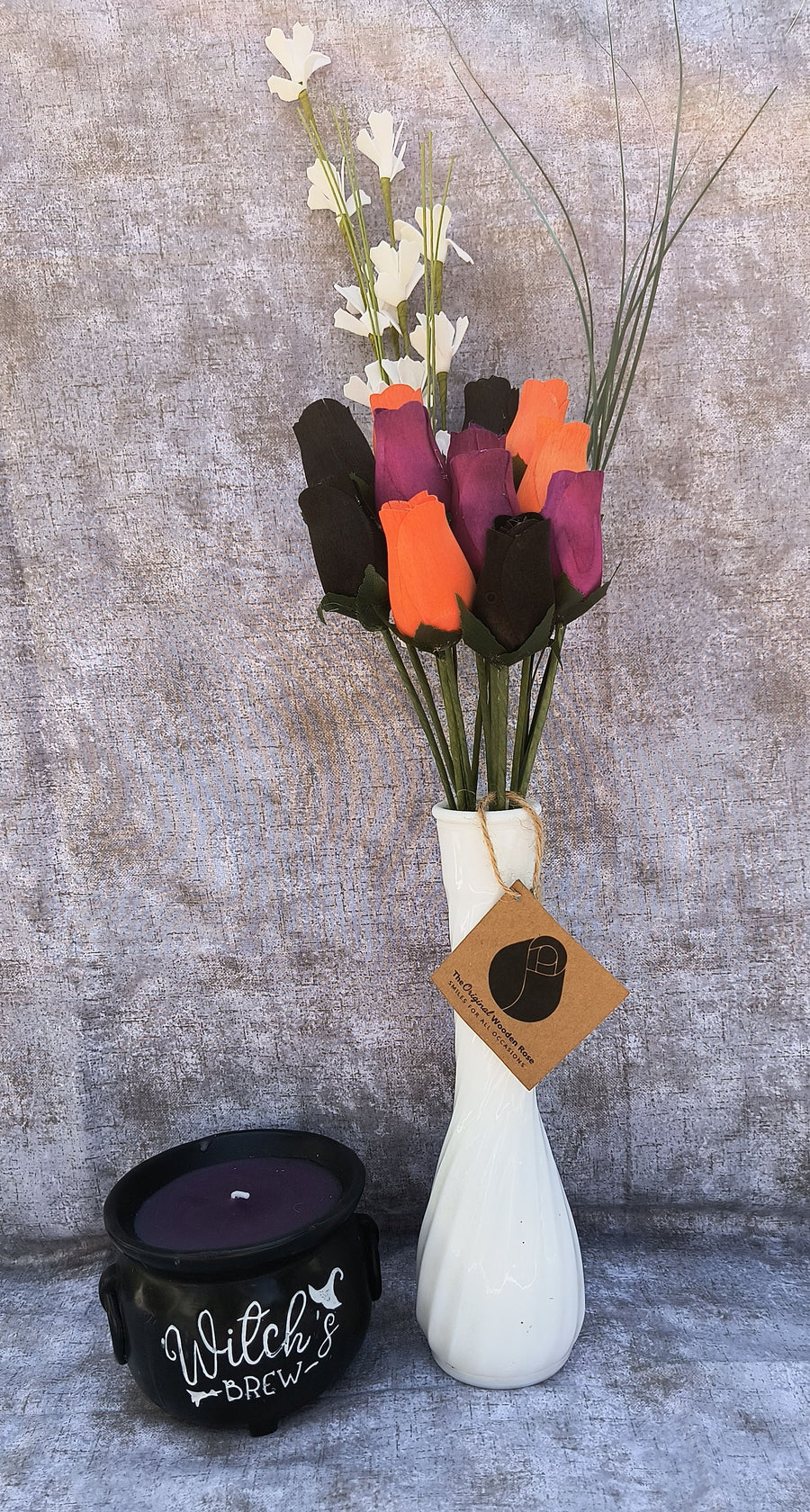 Black, Orange, and Violet Halloween Wooden Rose Flower Bouquet - The Original Wooden Rose