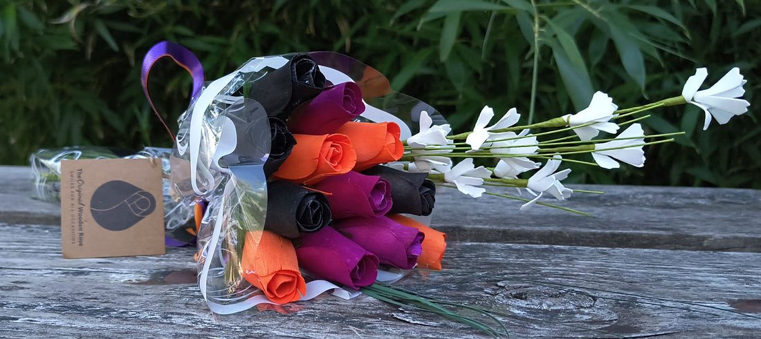 Black, Orange, and Violet Halloween Wooden Rose Flower Bouquet - The Original Wooden Rose