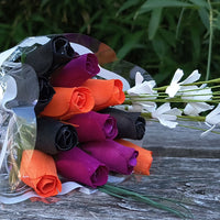 Black, Orange, and Violet Halloween Wooden Rose Flower Bouquet - The Original Wooden Rose