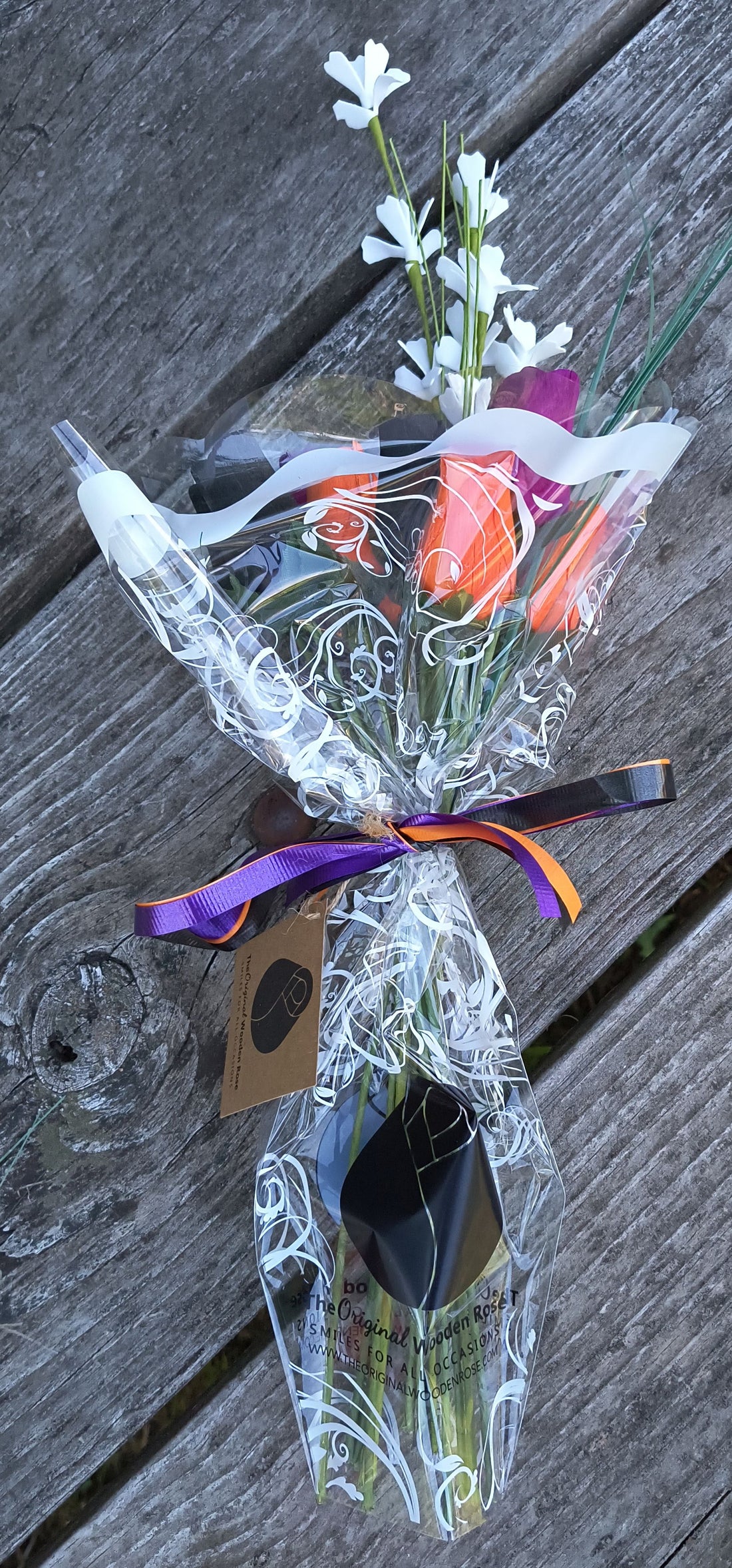 Black, Orange, and Violet Halloween Wooden Rose Flower Bouquet