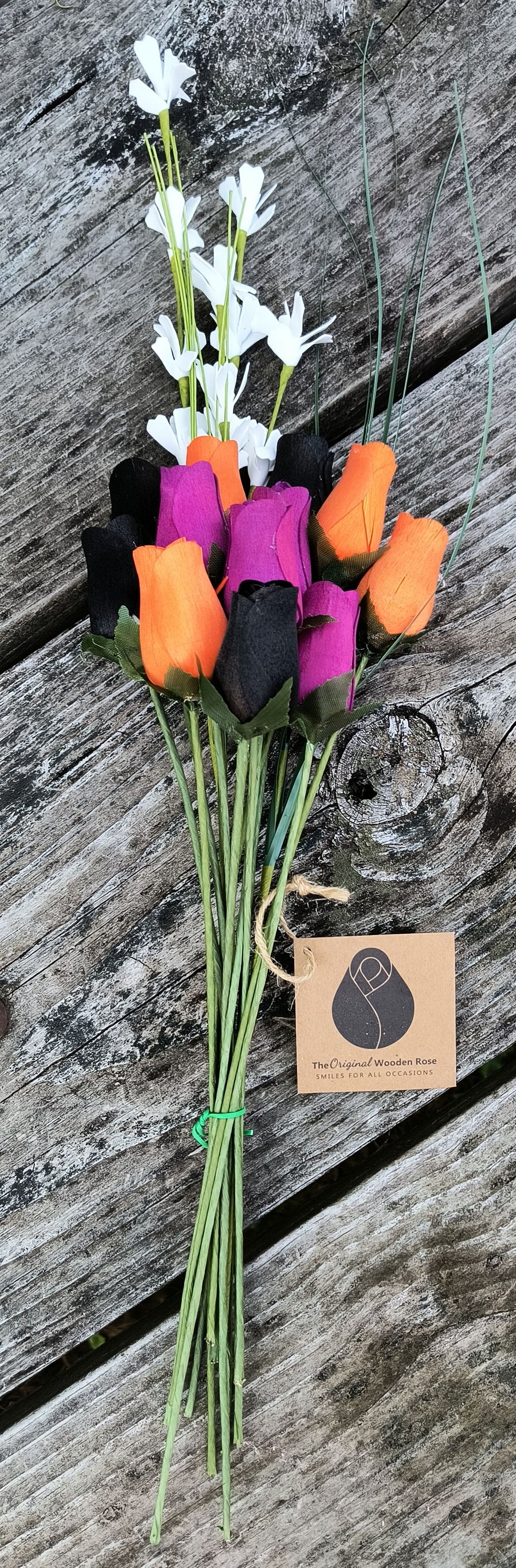 Black, Orange, and Violet Halloween Wooden Rose Flower Bouquet - The Original Wooden Rose