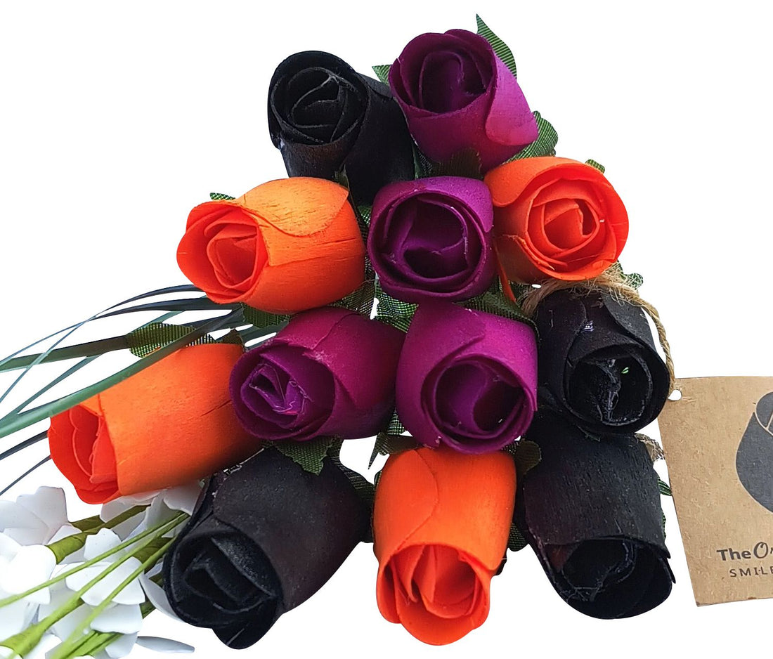 Black, Orange, and Violet Halloween Wooden Rose Flower Bouquet - The Original Wooden Rose