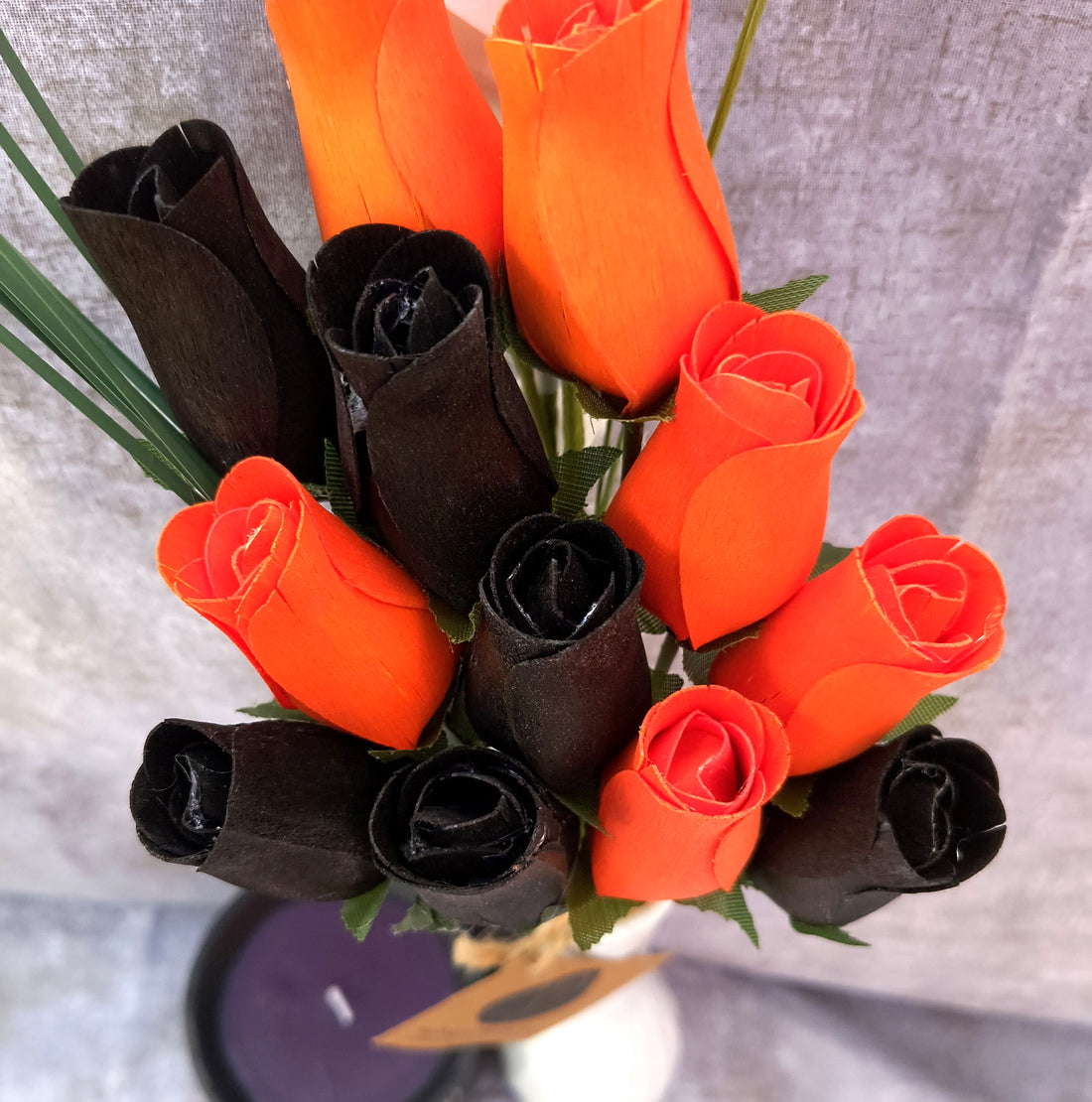 Black, Orange, and Violet Halloween Wooden Rose Flower Bouquet