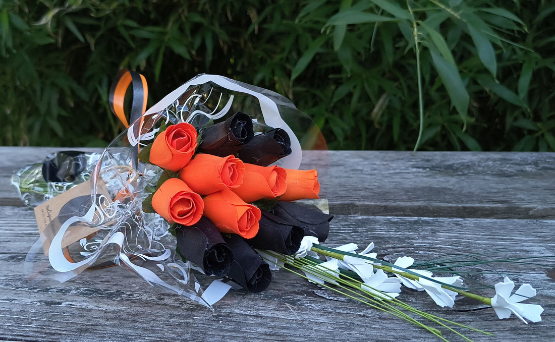 Black, Orange, and Violet Halloween Wooden Rose Flower Bouquet