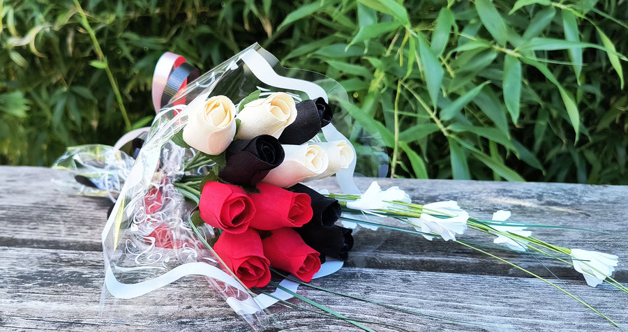 Red, Black and White Wooden Rose Flower Bouquet - The Original Wooden Rose