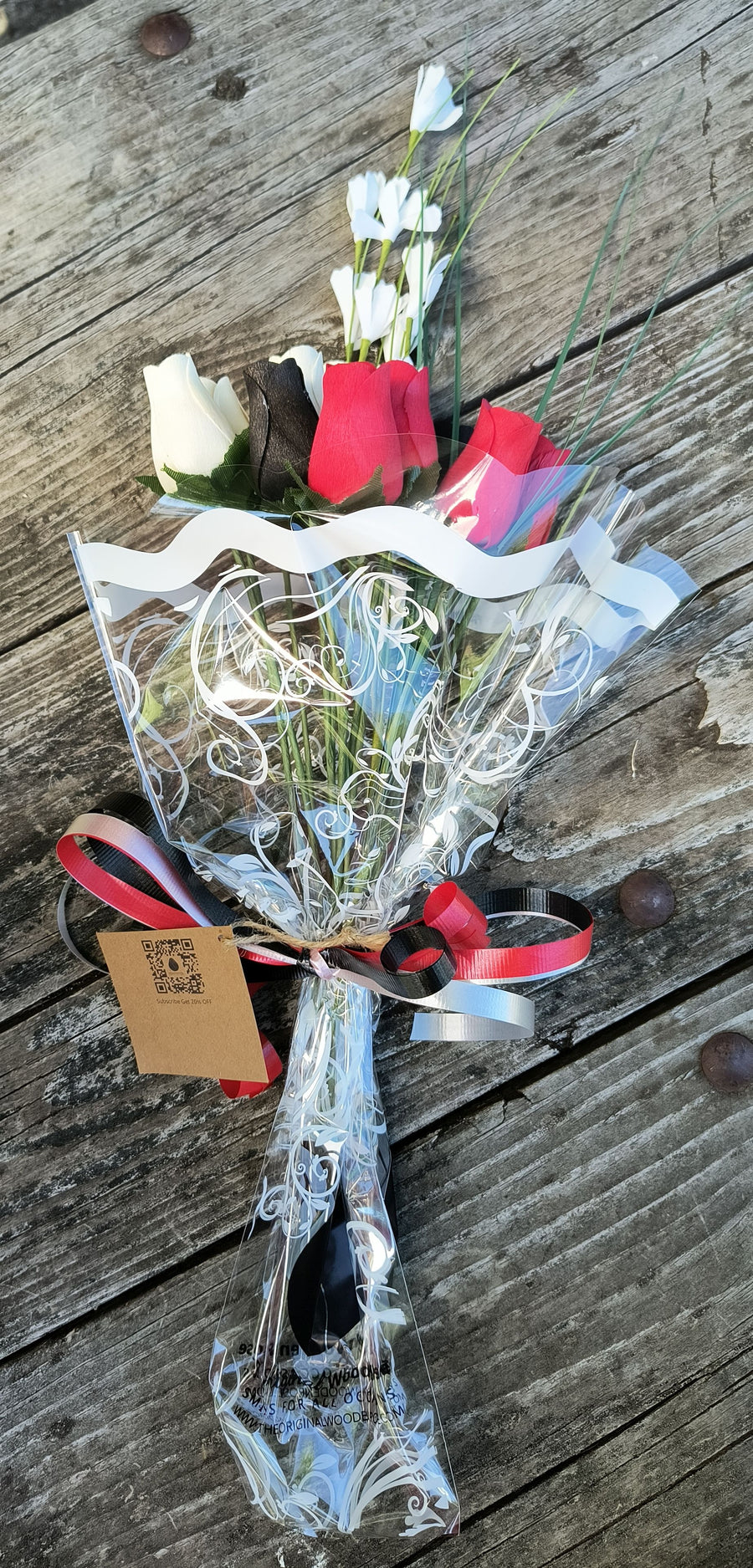 Red, Black and White Wooden Rose Flower Bouquet - The Original Wooden Rose