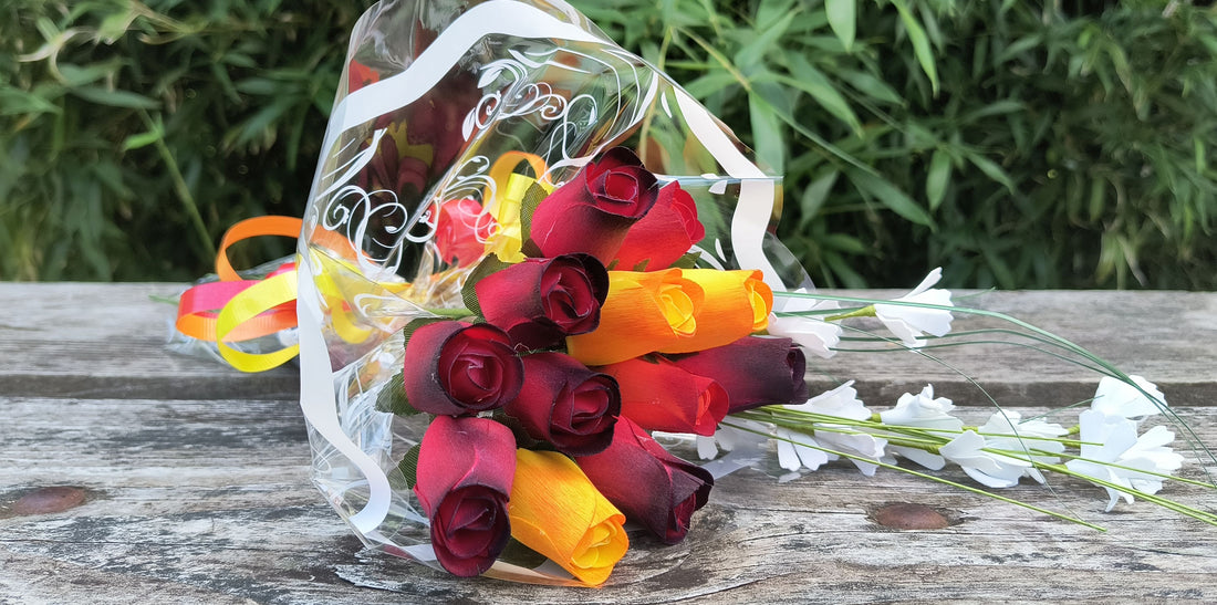 Dark Fall Harvest Colors. Yellows, Oranges, Reds Wooden Rose Flower Bouquet - The Original Wooden Rose