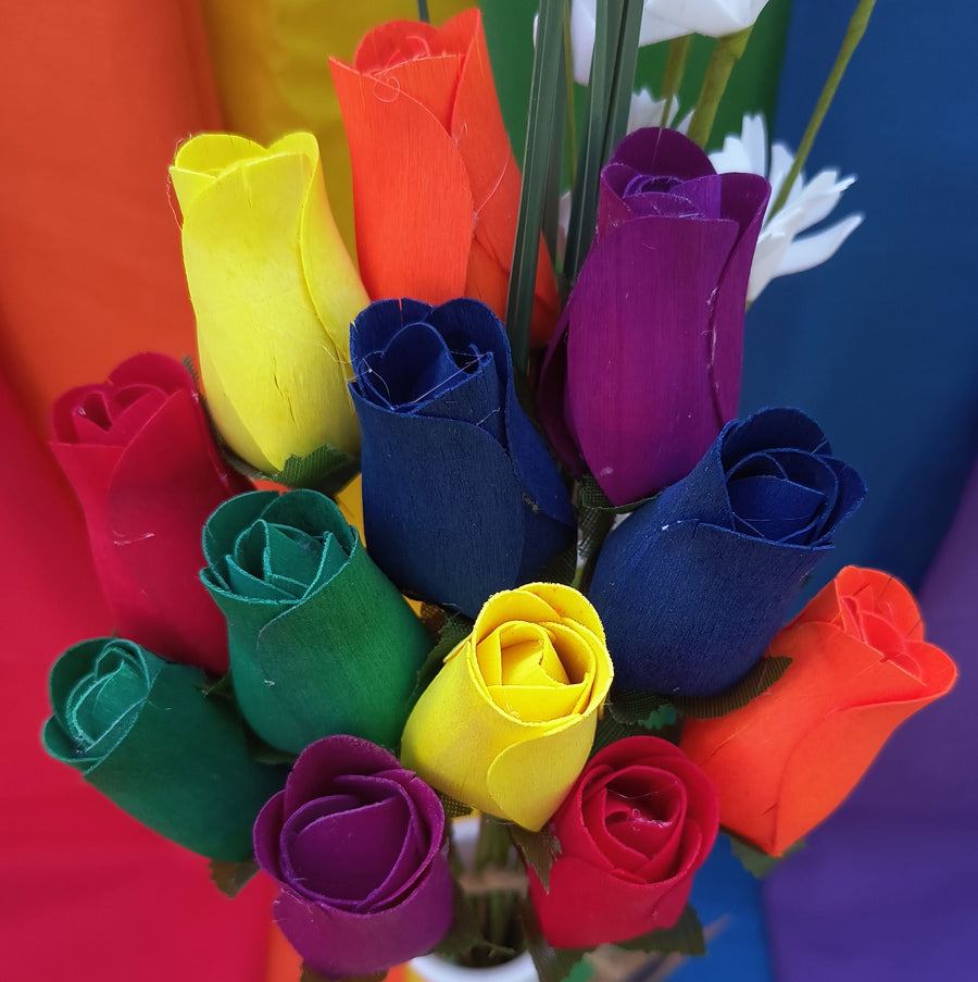 Gay Pride Rainbow of Wooden Roses Flower Bouquet - The Original Wooden Rose