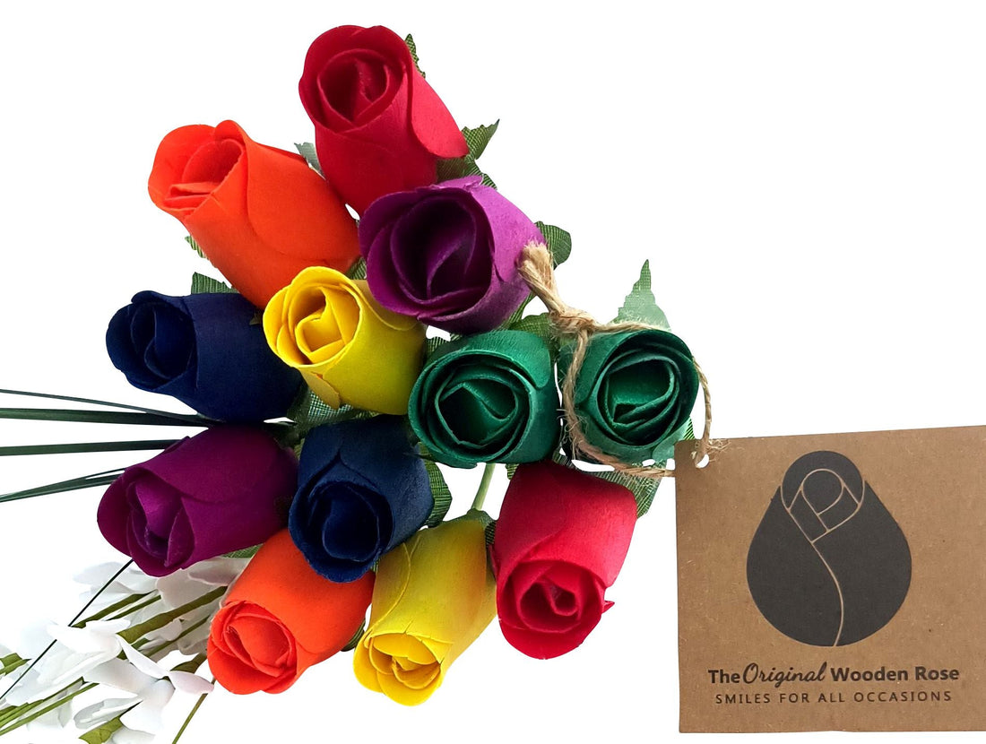 Autism Aware Rainbow of Wooden Roses Flower Bouquet - The Original Wooden Rose