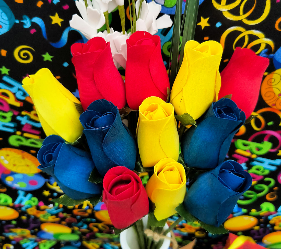 Happy Birthday Red, Blue, and Yellow Wooden Rose Flower Bouquet - The Original Wooden Rose