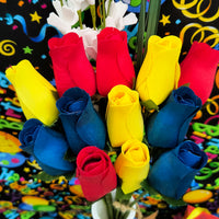 Happy Birthday Red, Blue, and Yellow Wooden Rose Flower Bouquet - The Original Wooden Rose