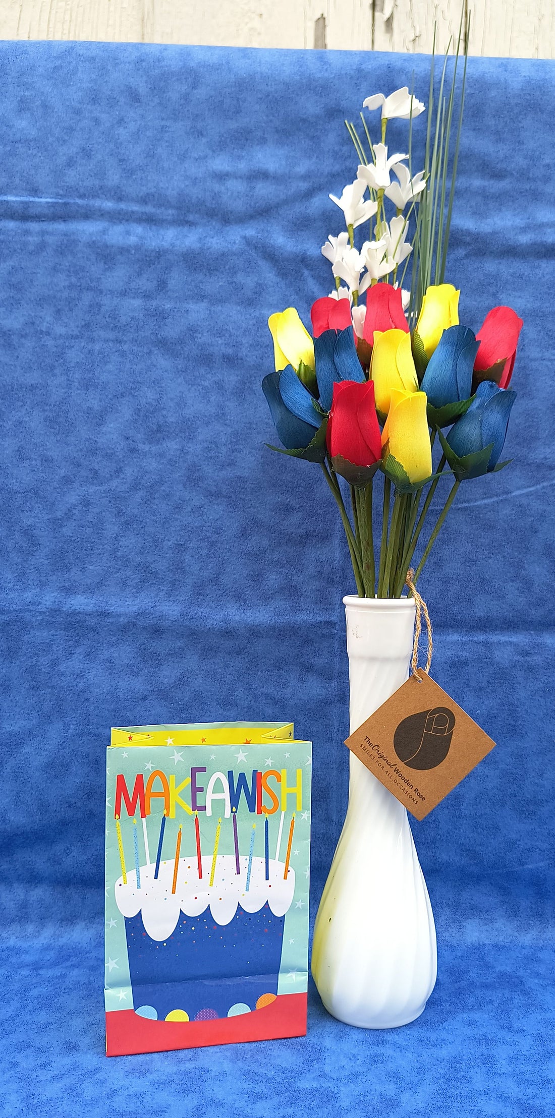 Happy Birthday Red, Blue, and Yellow Wooden Rose Flower Bouquet - The Original Wooden Rose