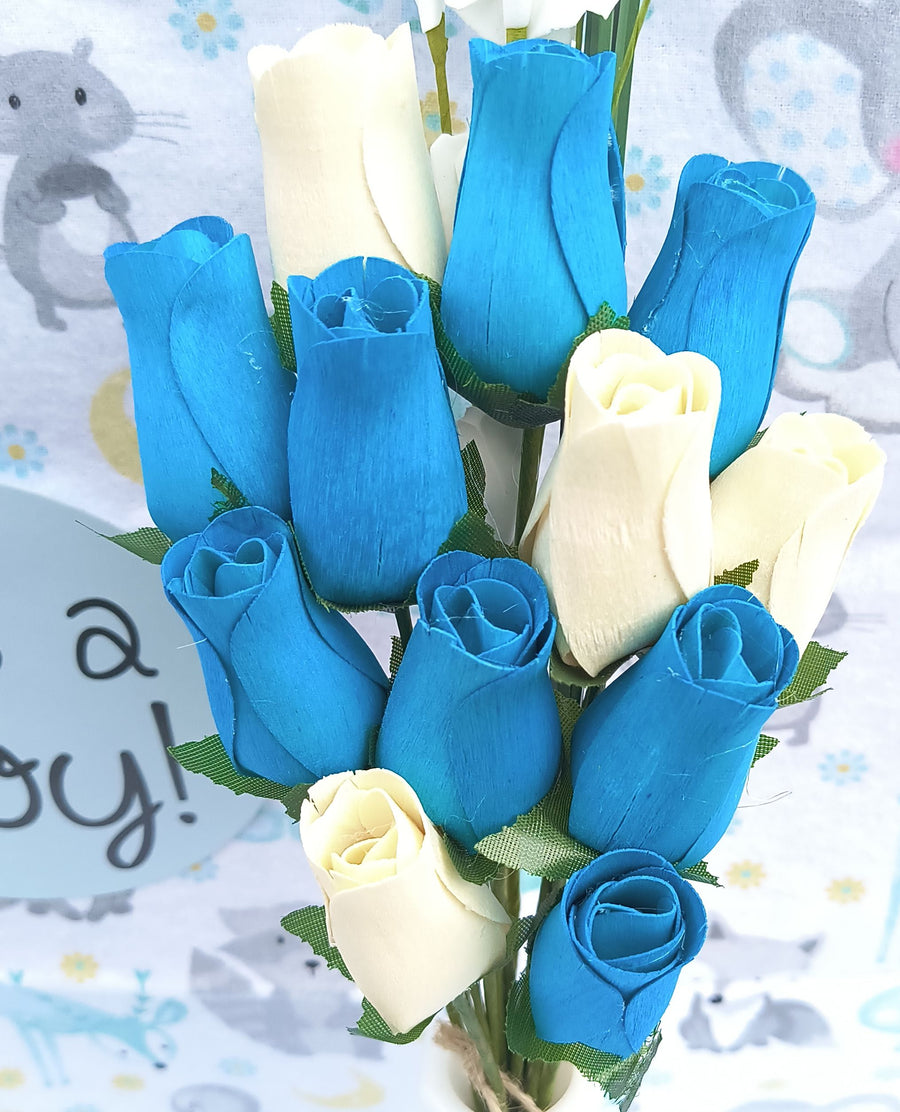 It's A Boy Light Blue and White Wooden Rose Flower Bouquet - The Original Wooden Rose