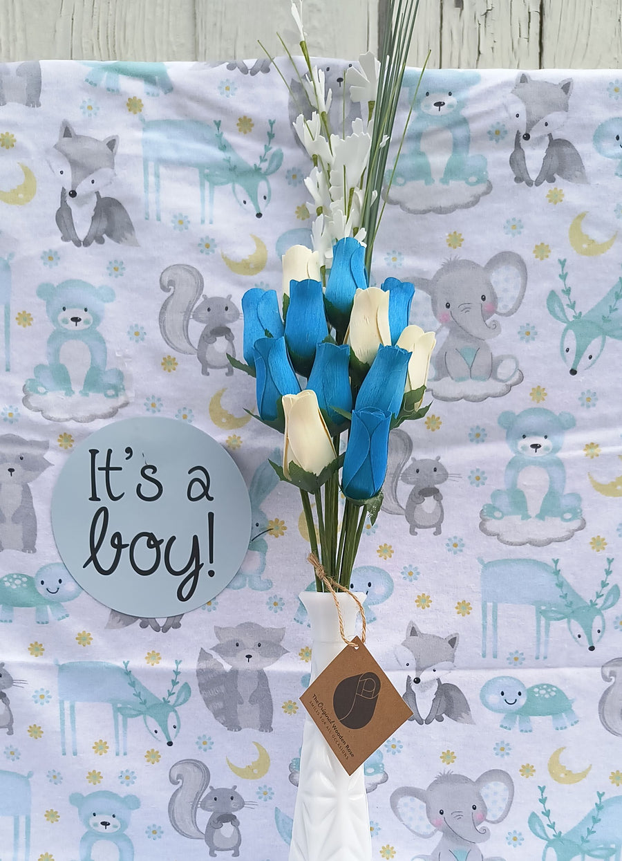 It's A Boy Light Blue and White Wooden Rose Flower Bouquet - The Original Wooden Rose