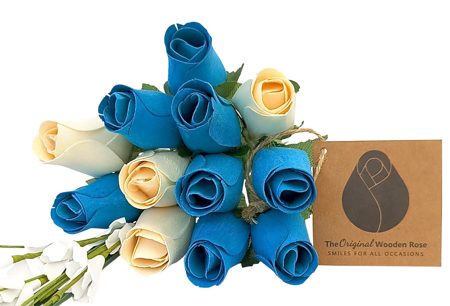 It's A Boy Light Blue and White Wooden Rose Flower Bouquet - The Original Wooden Rose