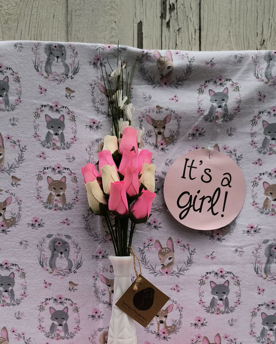 It's A Girl Light Pink, and White Wooden Rose Flower Bouquet - The Original Wooden Rose