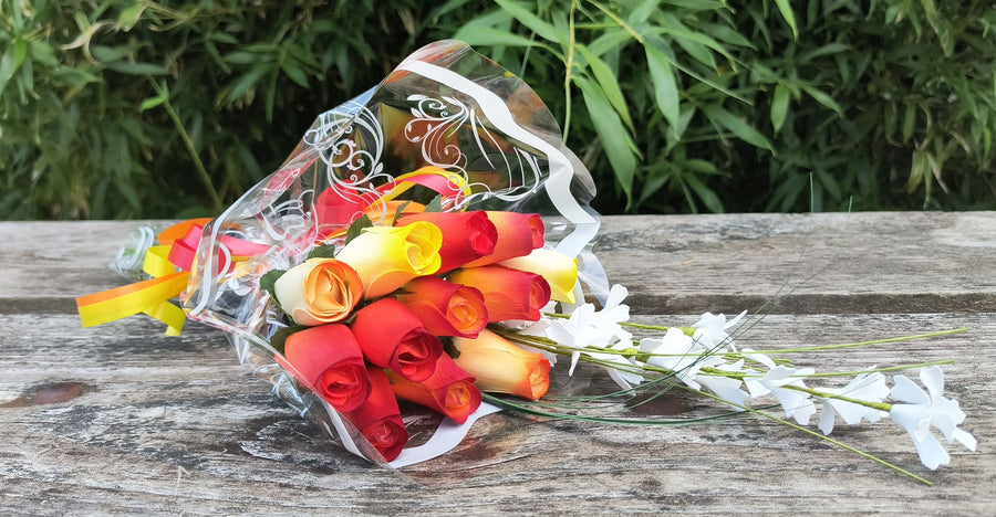 Fall Sunrise Light Fall Colors Wooden Rose Flower Bouquet - The Original Wooden Rose