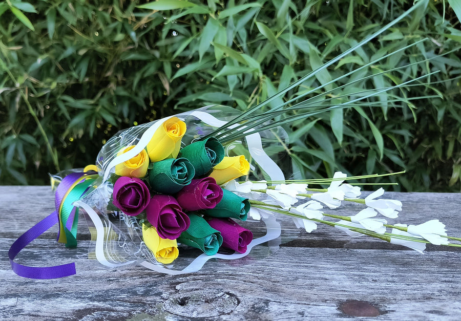 Mardi Gras Wooden Rose Flower Bouquet - The Original Wooden Rose