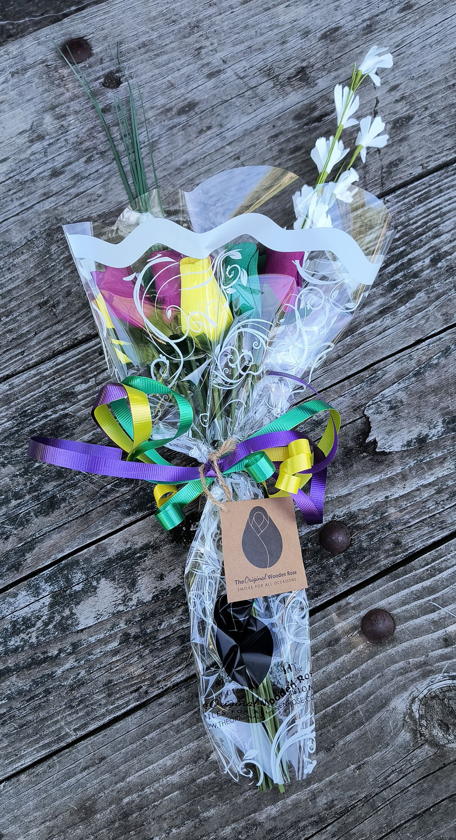 Mardi Gras Wooden Rose Flower Bouquet - The Original Wooden Rose