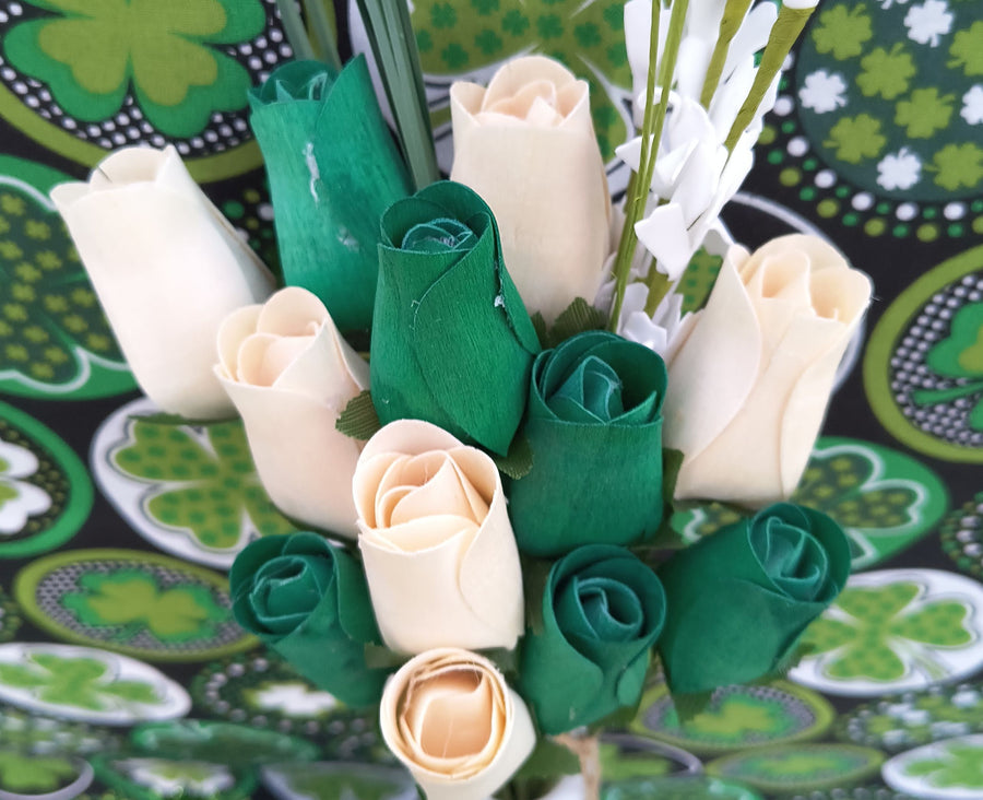 Saint Patrick's Day Green and White Wooden Rose Flower Bouquet - The Original Wooden Rose