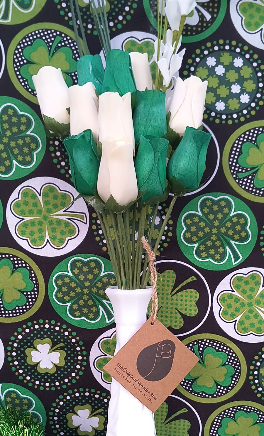 Saint Patrick's Day Green and White Wooden Rose Flower Bouquet - The Original Wooden Rose