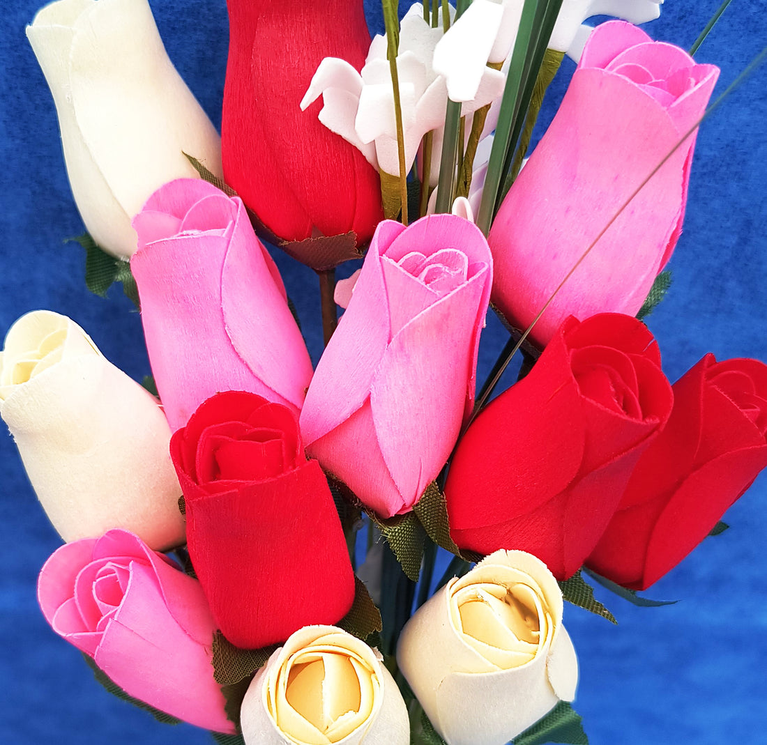 Valentines Day Red, Pink and White Wooden Rose Flower Bouquet - The Original Wooden Rose