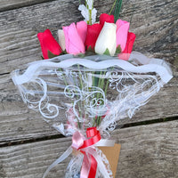 Valentines Day Red, Pink and White Wooden Rose Flower Bouquet - The Original Wooden Rose