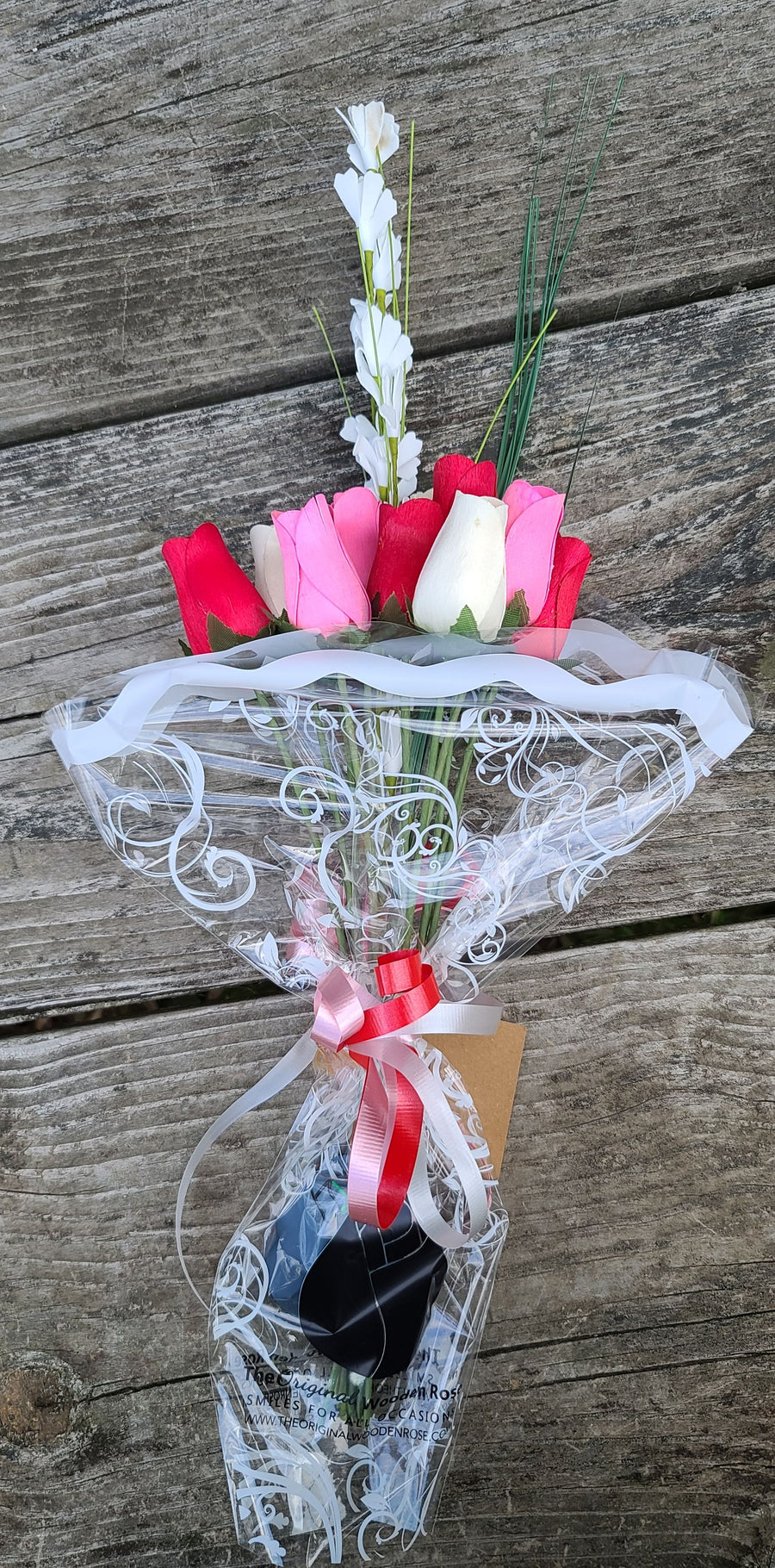 Valentines Day Red, Pink and White Wooden Rose Flower Bouquet - The Original Wooden Rose