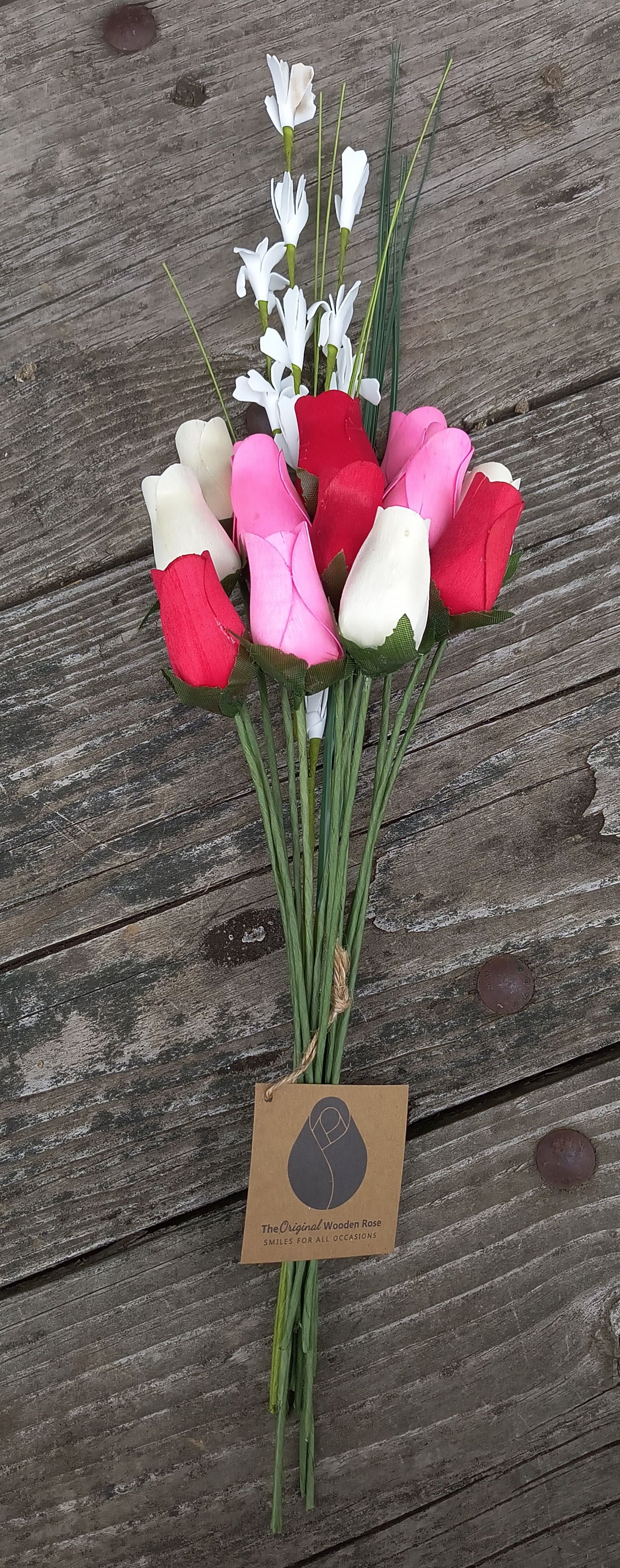 Valentines Day Red, Pink and White Wooden Rose Flower Bouquet - The Original Wooden Rose