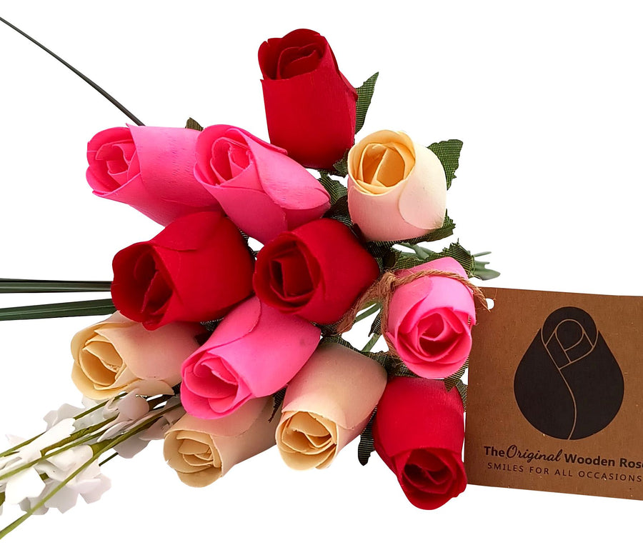 Valentines Day Red, Pink and White Wooden Rose Flower Bouquet - The Original Wooden Rose