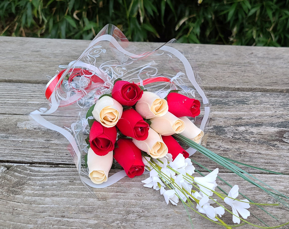 Valentines Day Red and White Wooden Rose Flower Bouquet - The Original Wooden Rose