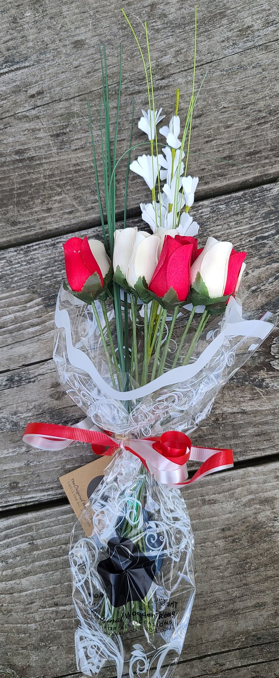 Valentines Day Red and White Wooden Rose Flower Bouquet - The Original Wooden Rose