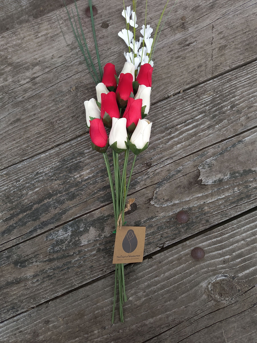 Valentines Day Red and White Wooden Rose Flower Bouquet - The Original Wooden Rose