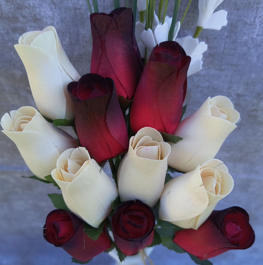 Red with Black Tips and White Wooden Rose Flower Bouquet - The Original Wooden Rose