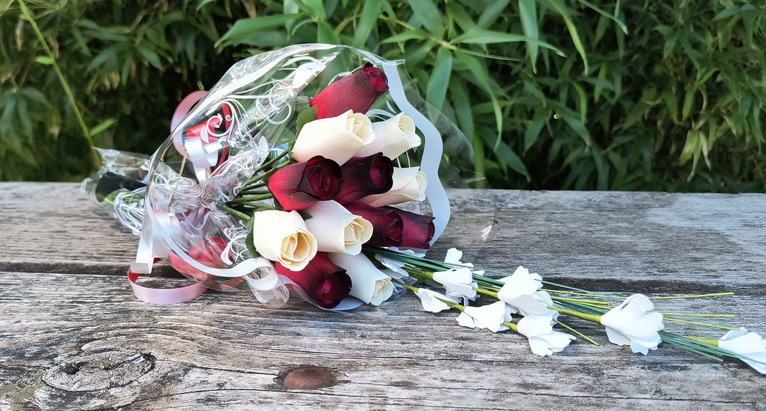 Red with Black Tips and White Wooden Rose Flower Bouquet - The Original Wooden Rose