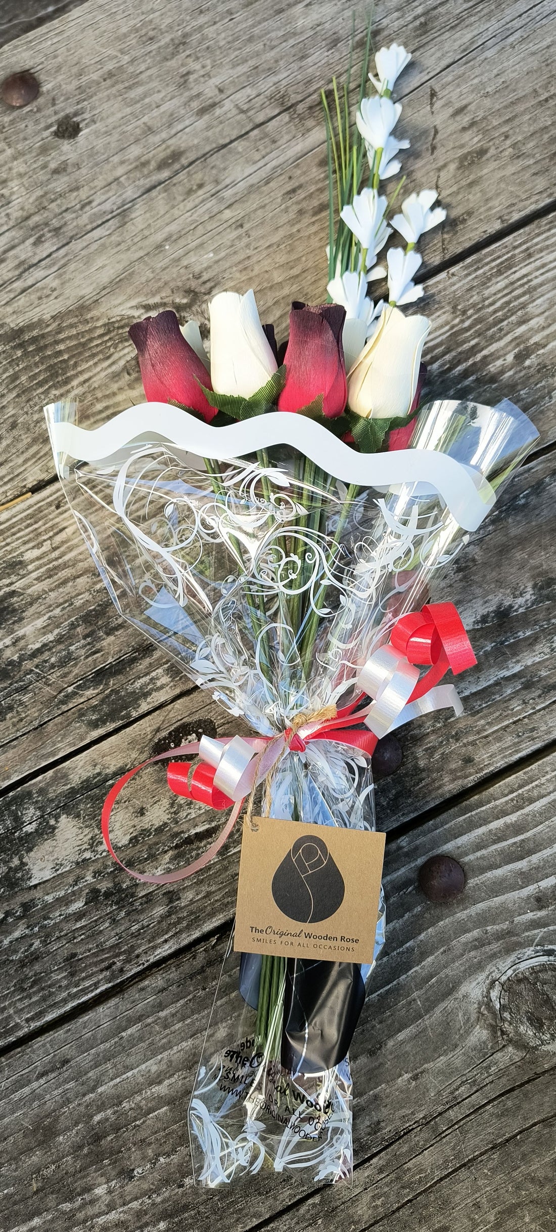 Red with Black Tips and White Wooden Rose Flower Bouquet - The Original Wooden Rose