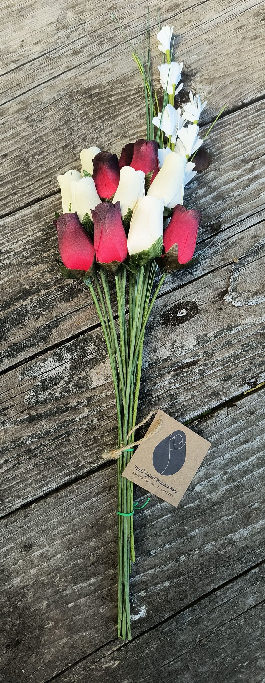 Red with Black Tips and White Wooden Rose Flower Bouquet - The Original Wooden Rose