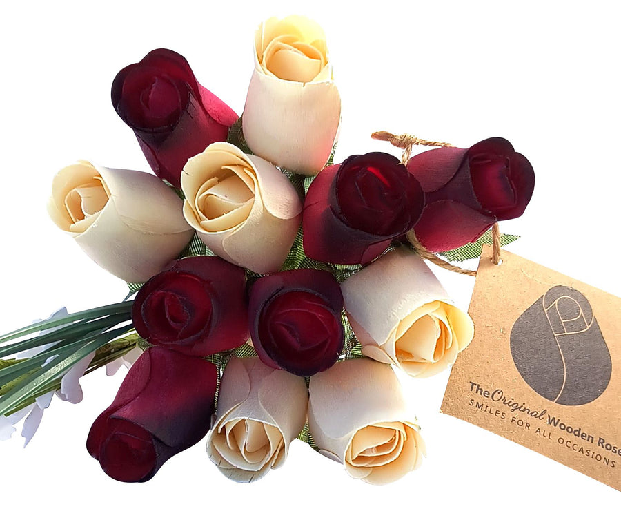 Red with Black Tips and White Wooden Rose Flower Bouquet - The Original Wooden Rose