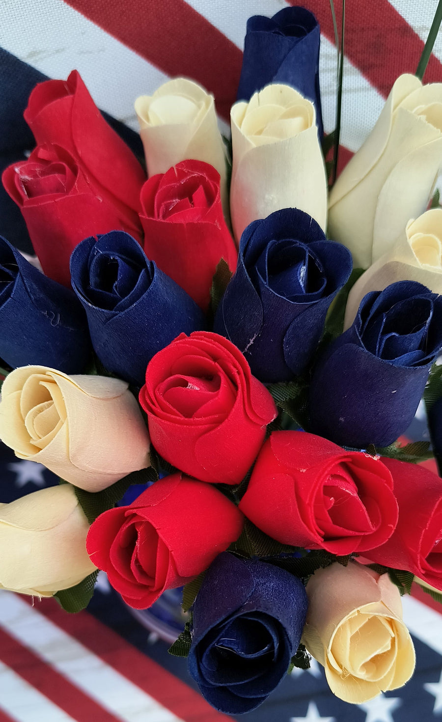 Patriotic Holiday Wooden Rose Bouquet RED, WHITE, and BLUE - The Original Wooden Rose