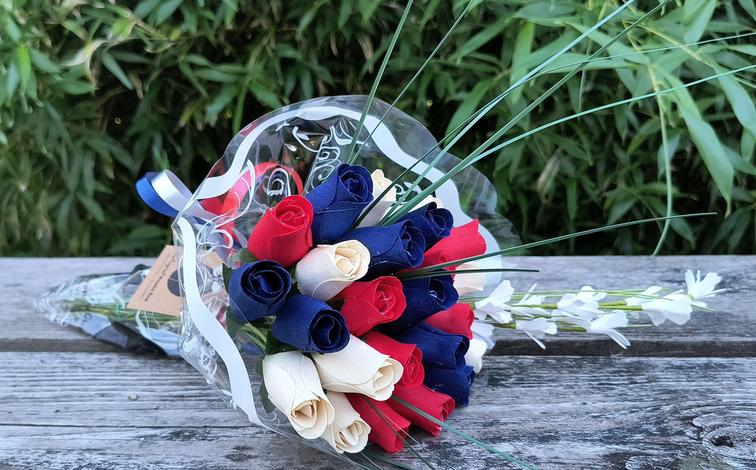 Patriotic Holiday Wooden Rose Bouquet RED, WHITE, and BLUE - The Original Wooden Rose