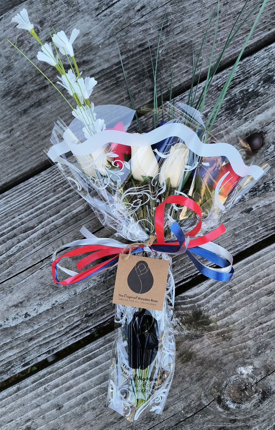 Patriotic Holiday Wooden Rose Bouquet RED, WHITE, and BLUE - The Original Wooden Rose