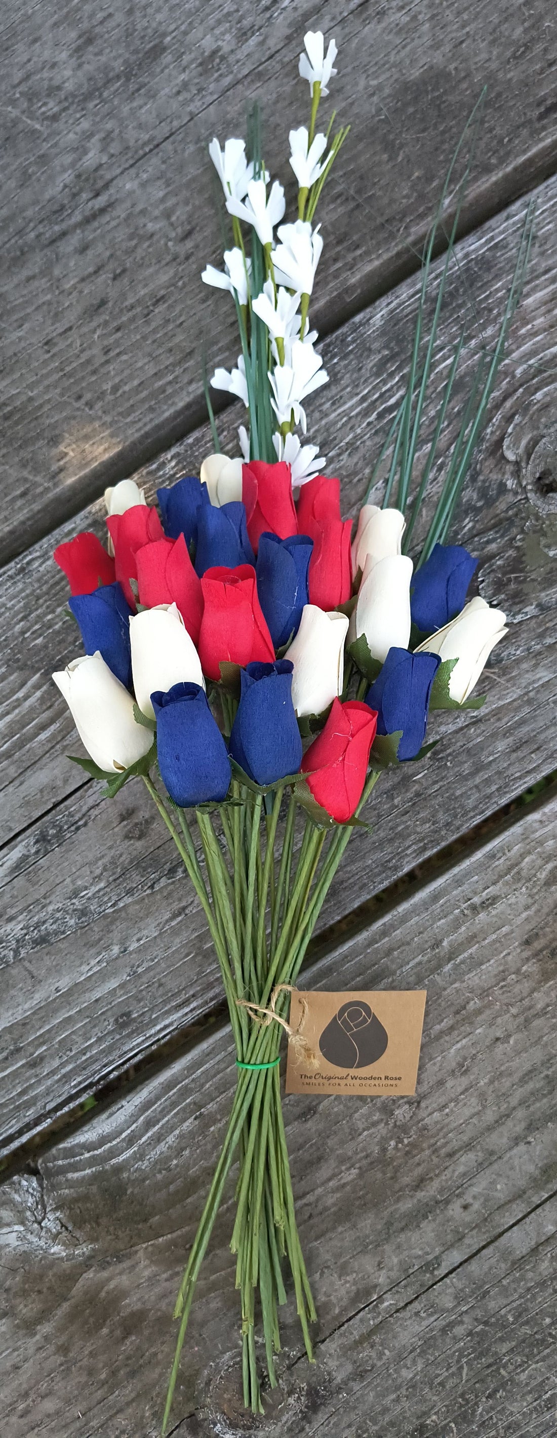 Patriotic Holiday Wooden Rose Bouquet RED, WHITE, and BLUE - The Original Wooden Rose