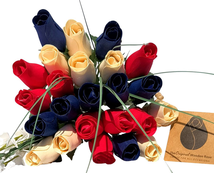 Patriotic Holiday Flowers RED, WHITE, and BLUE - The Original Wooden Rose