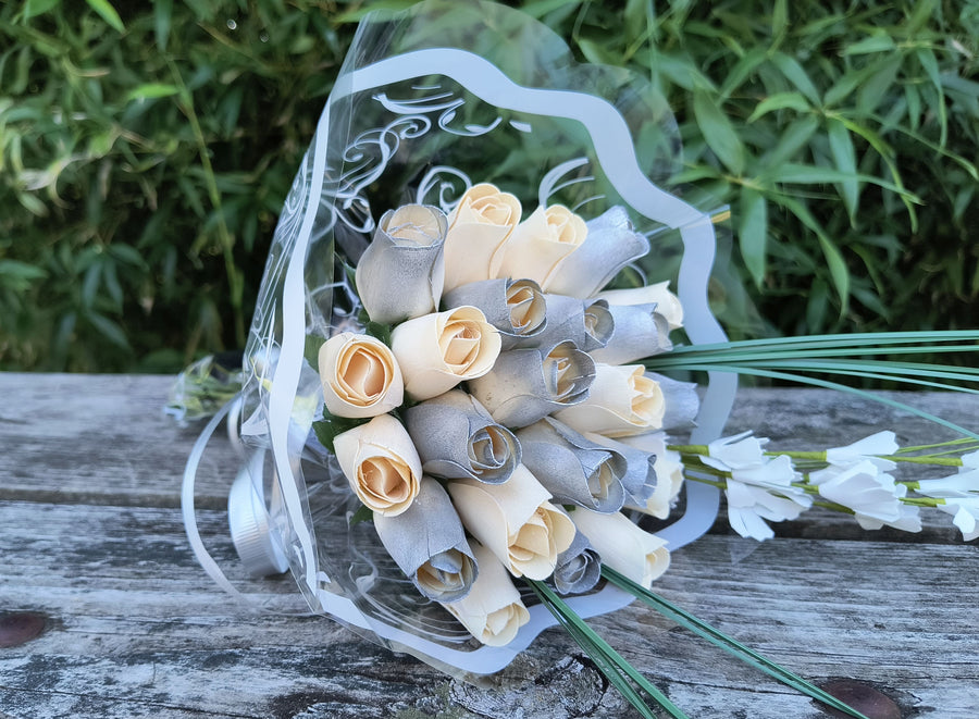 25 Year Anniversary Silver and White Wooden Rose Flower Bouquet - The Original Wooden Rose