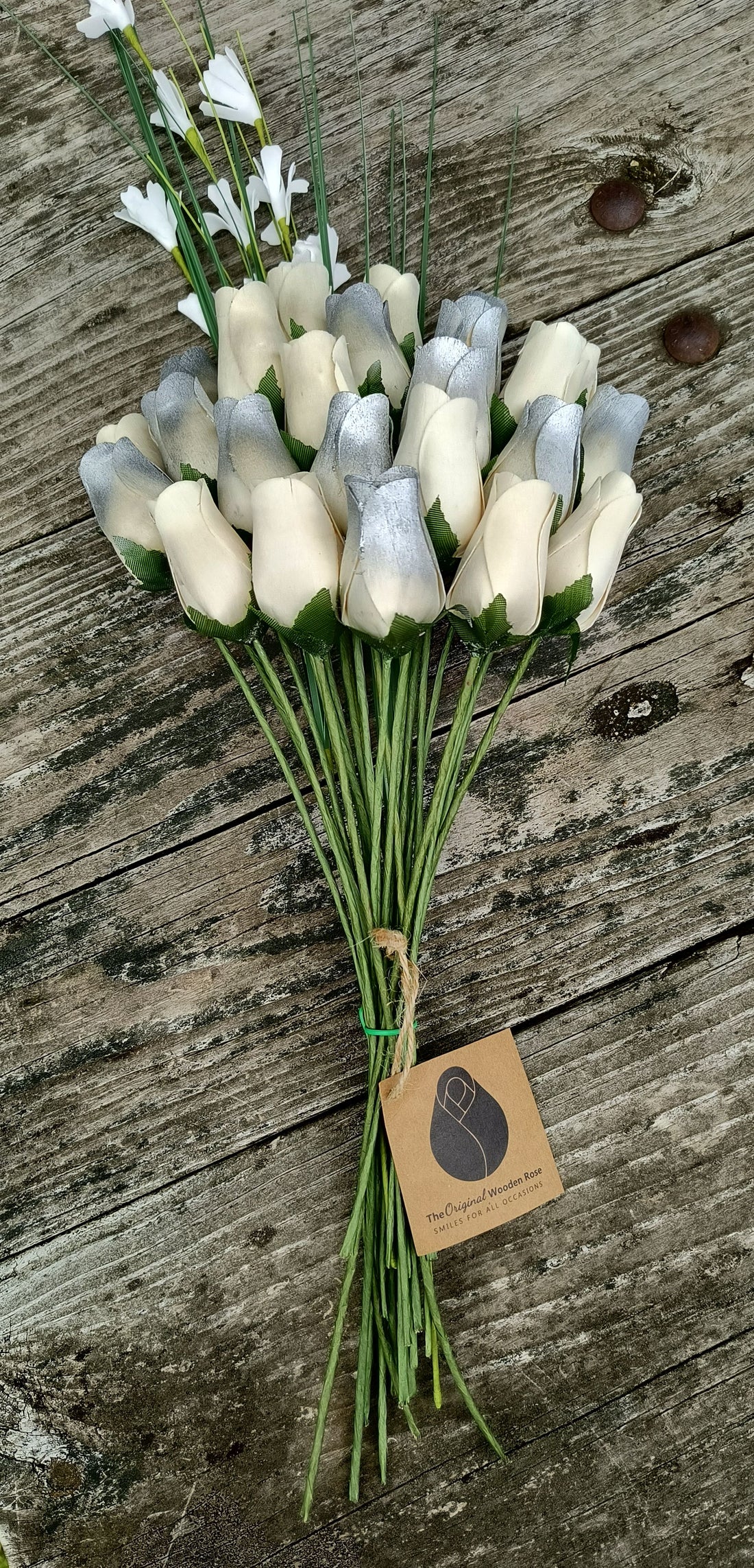 25 Year Anniversary Silver and White Wooden Rose Flower Bouquet - The Original Wooden Rose