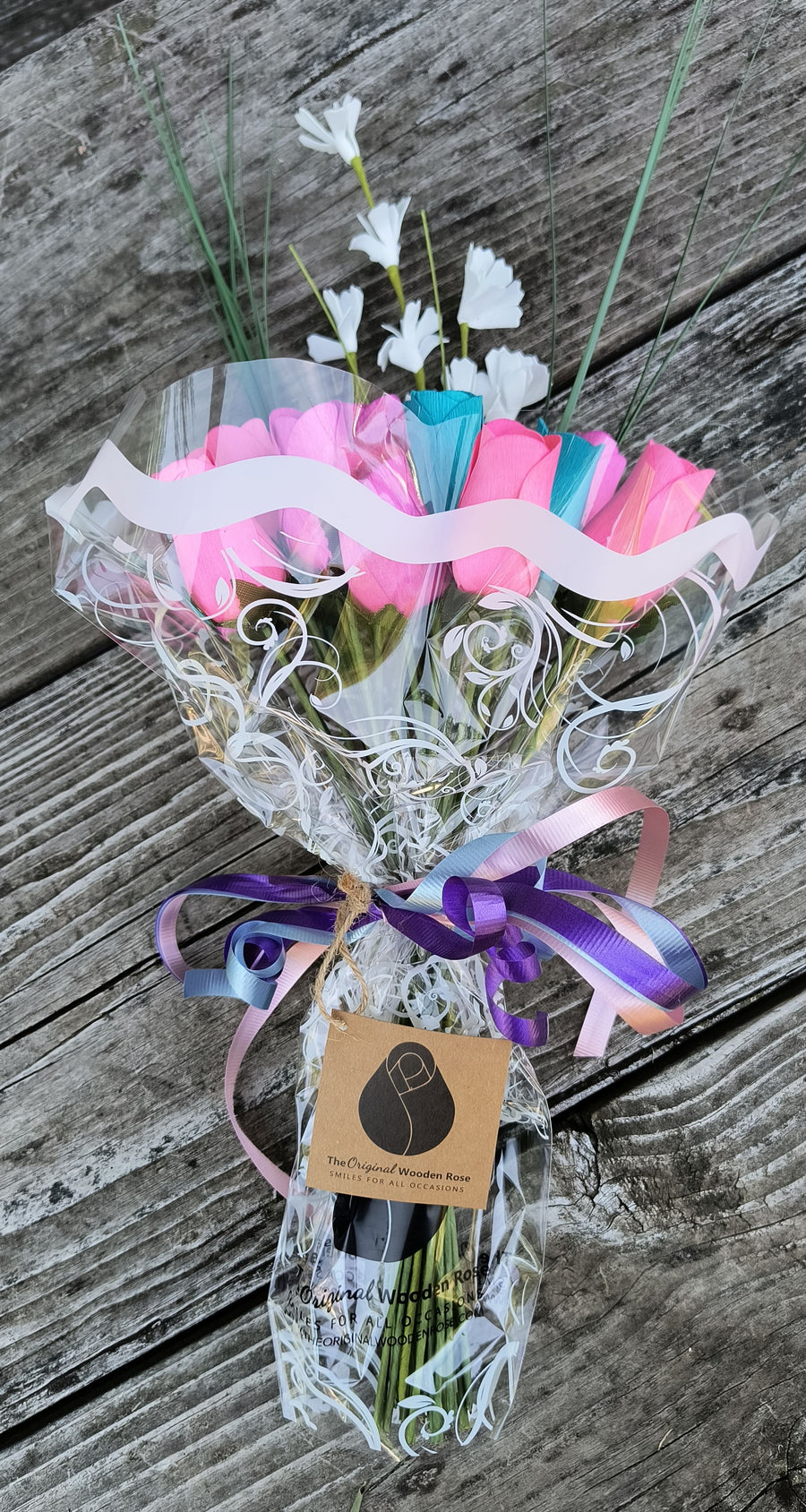 3 Color Spring Wooden Rose Flower Bouquet - The Original Wooden Rose