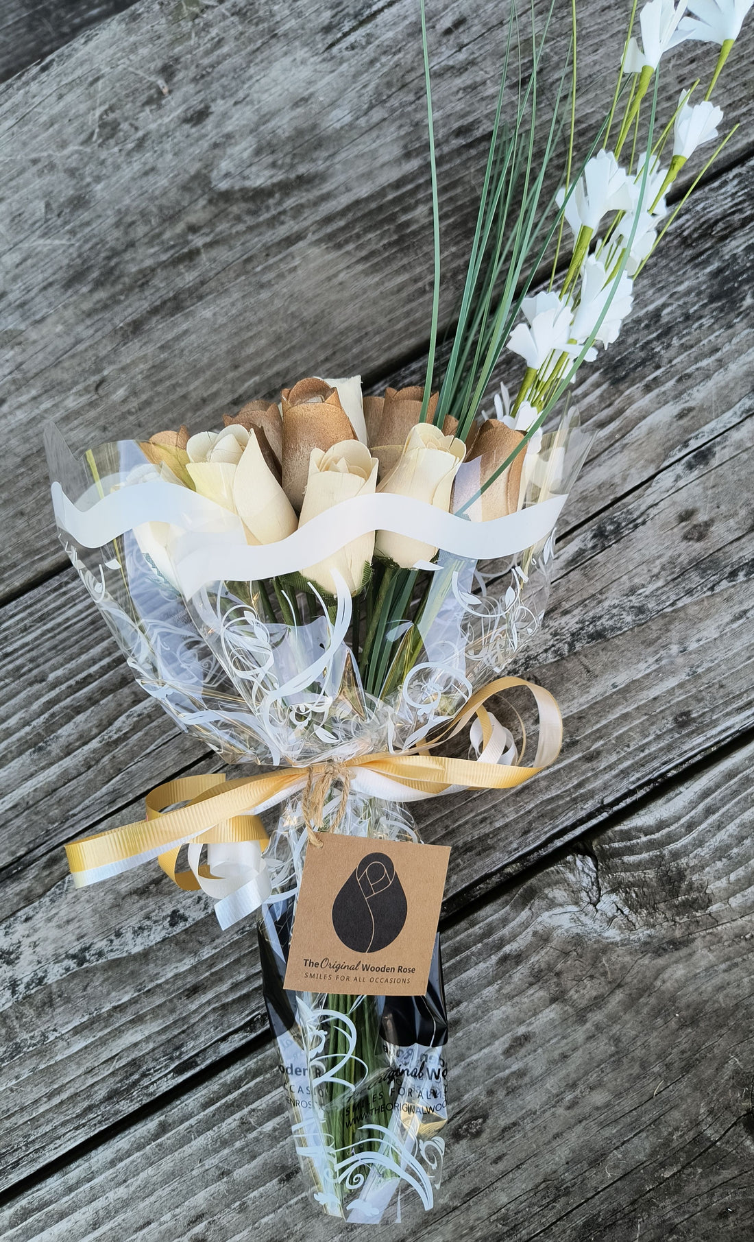 50 Year Anniversary Gold and White Wooden Rose Flower Bouquet - The Original Wooden Rose