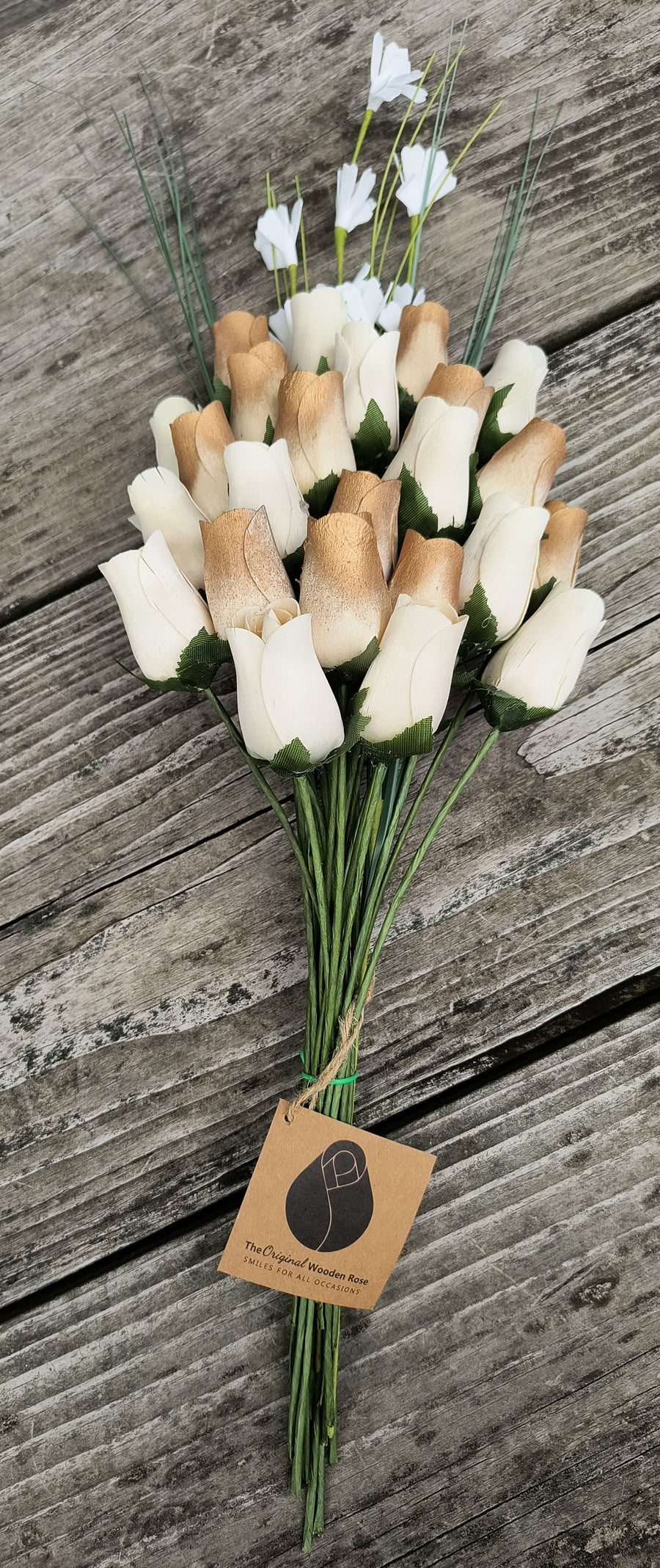 50 Year Anniversary Gold and White Wooden Rose Flower Bouquet - The Original Wooden Rose