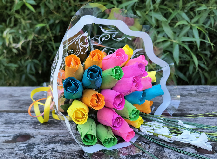 6 Color Spring Wooden Rose Flower Bouquet - The Original Wooden Rose